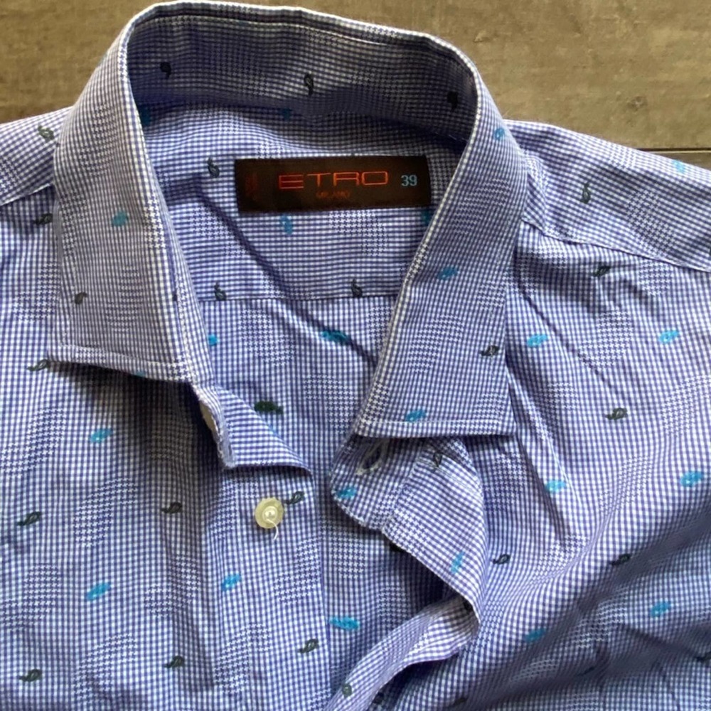 ETRO Gingham Embroidered Paisley Dress Shirt 39 NWOT